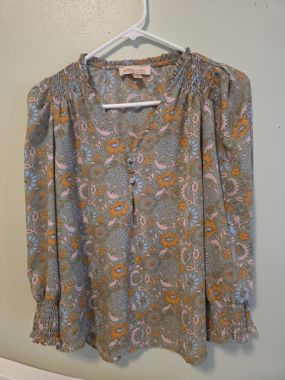Philosophy Sage Floral Smocked V-Neck Blouse with Pink & Mustard Accents